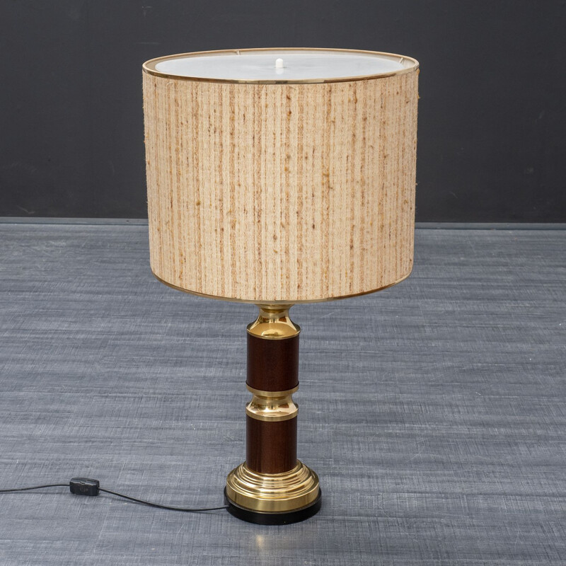 Large vintage table lamp, wood & brass 1970s