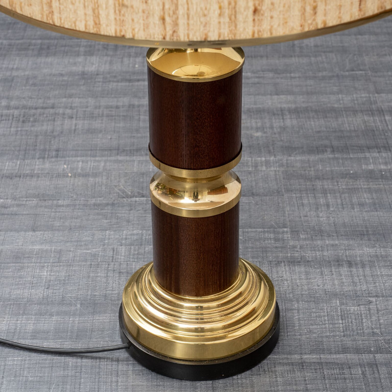 Large vintage table lamp, wood & brass 1970s