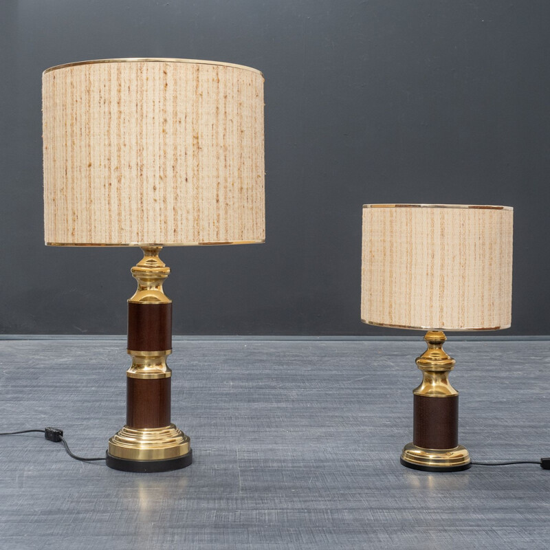 Large vintage table lamp, wood & brass 1970s