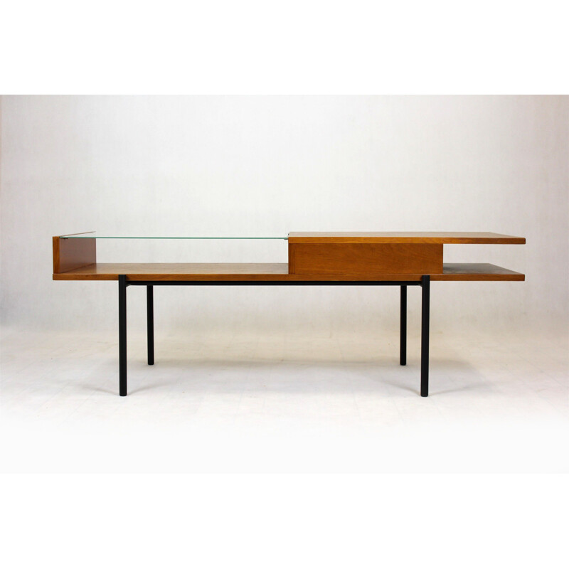 Vintage Oak Coffee Table with a Glass Top from ONV Olomouc, 1970s