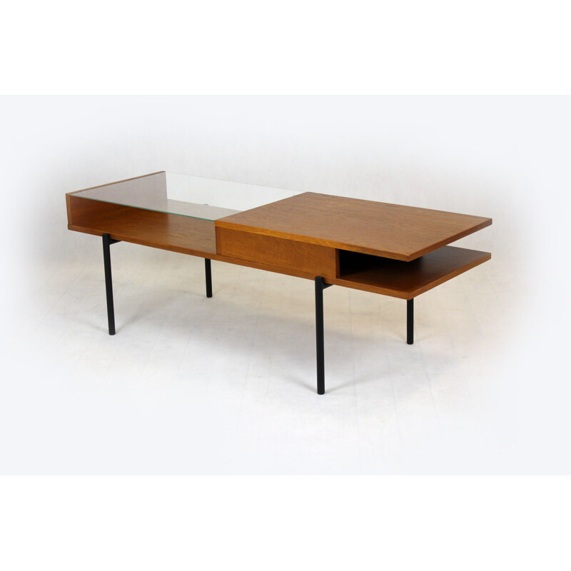 Vintage Oak Coffee Table with a Glass Top from ONV Olomouc, 1970s