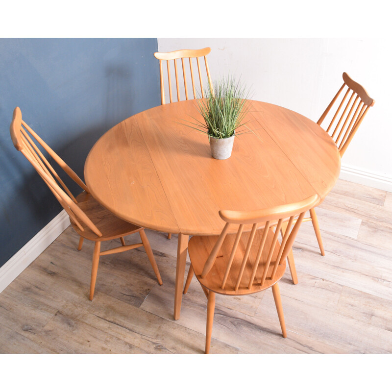 Table de salle à manger vintage Windsor modèle 384 et chaises d'orfèvre modèle 359 d'Ercol Blonde