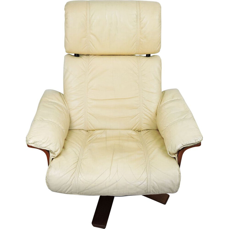 Vintage Cream Leather Lounge Chair and Ottoman, 1970s
