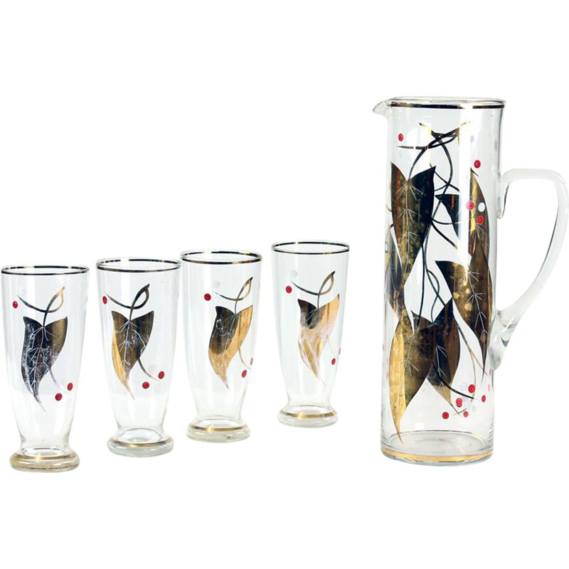 Set of 4 vintage glasses and pitcher with gold details, Czech 1960