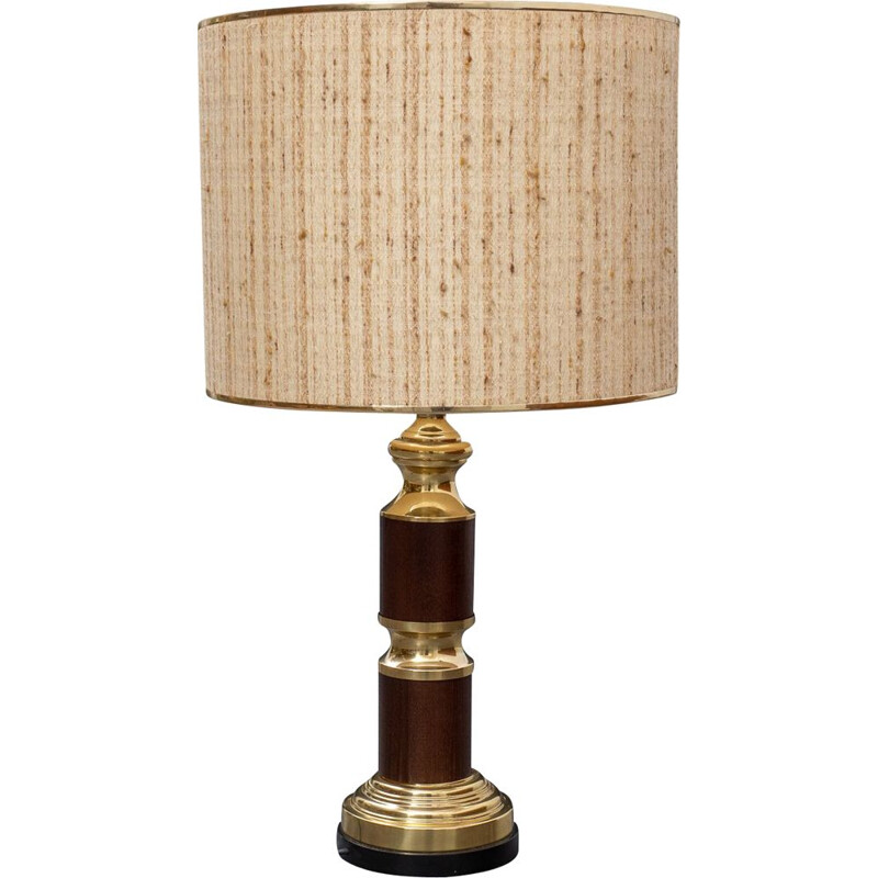 Large vintage table lamp, wood & brass 1970s