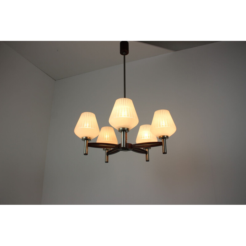 Vintage mahagony wood chandelier, Germany 1970