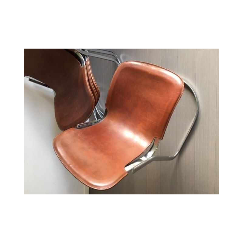 Ensemble de 4 chaises vintage Cidue C2 en cuir brun 1970