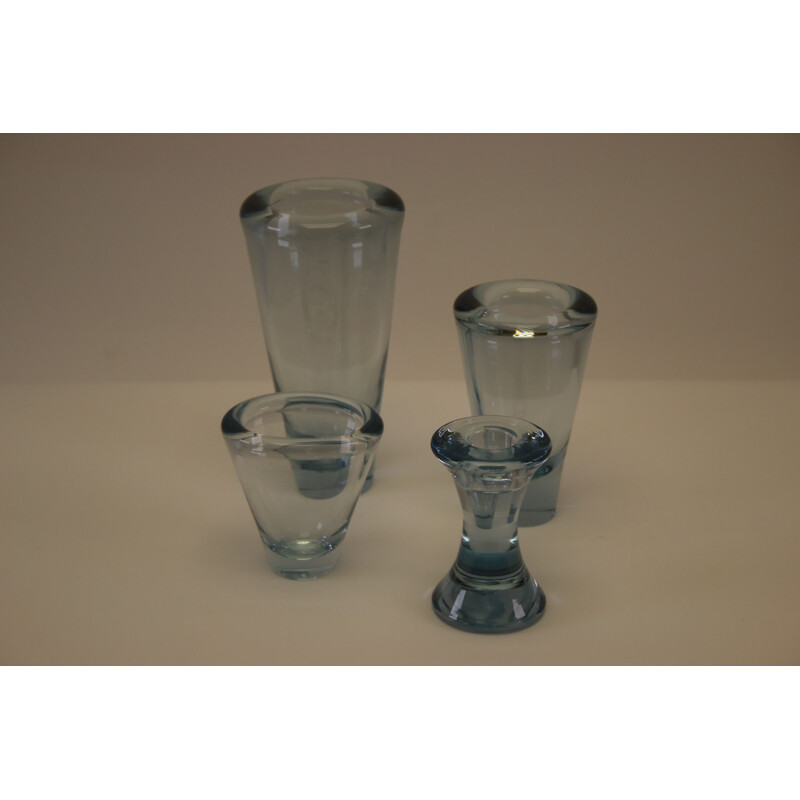 Set of 3 vintage sculptural Holmegaard crystal vases and 1 candlesticks by Per Lutken 1950s