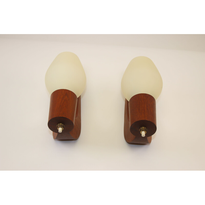 Pair of Vintage teak, brass, and opal glass Wall Lamps Danish  1960 