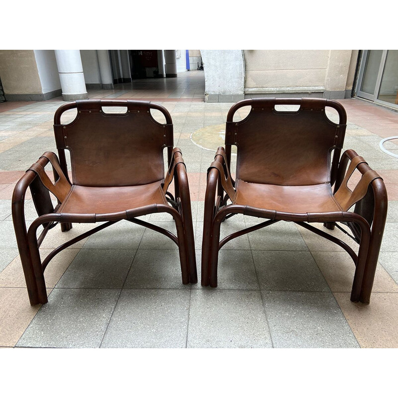 Pair of vintage armchairs Bamboo and Leather 1960