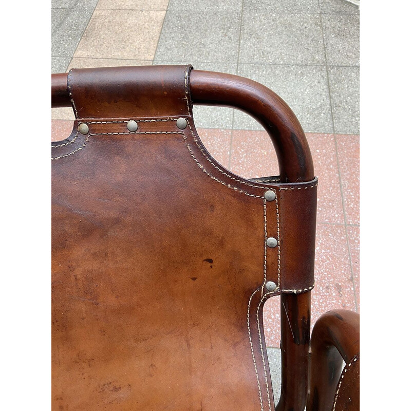 Paire de fauteuils vintage cuir et bambou 1960