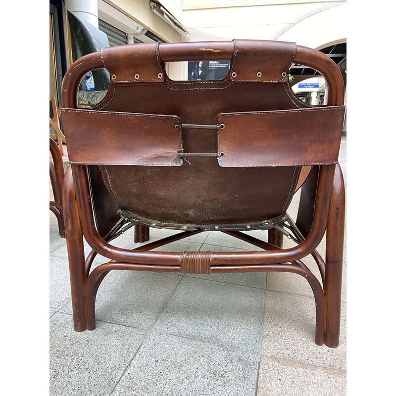 Paire de fauteuils vintage cuir et bambou 1960