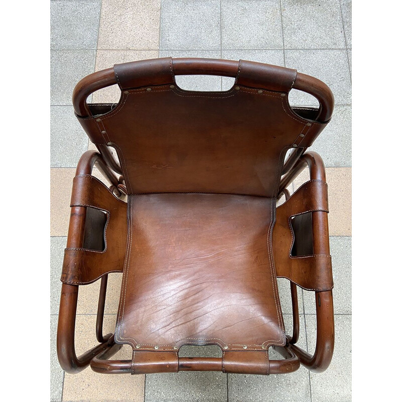 Paire de fauteuils vintage cuir et bambou 1960