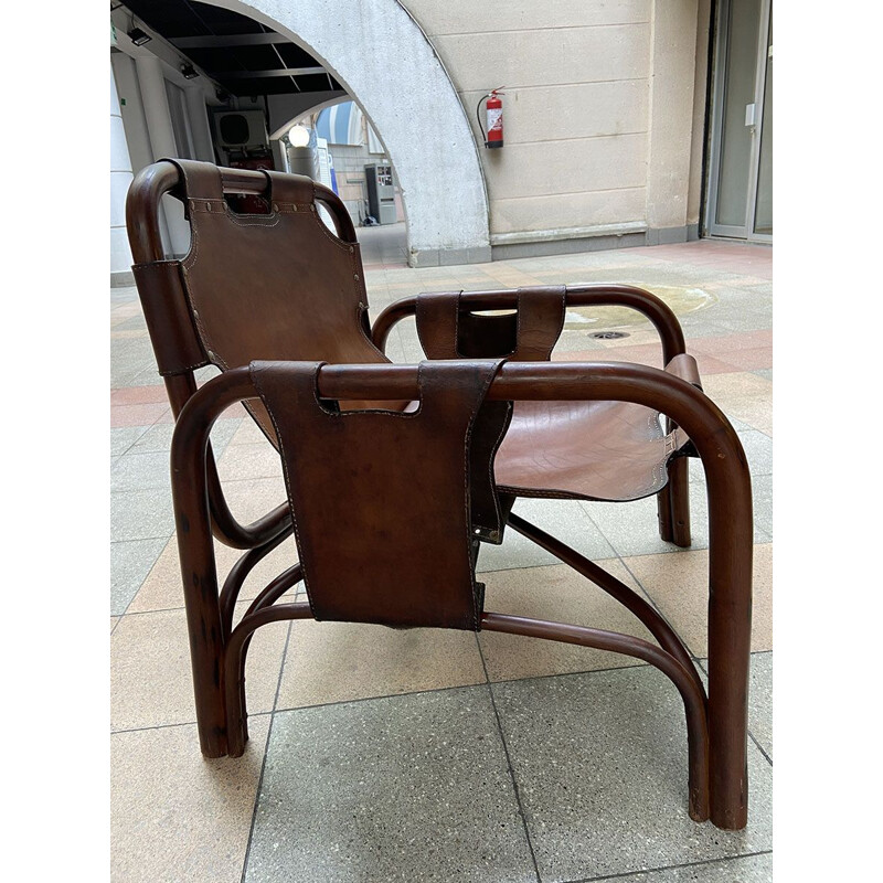 Paire de fauteuils vintage cuir et bambou 1960