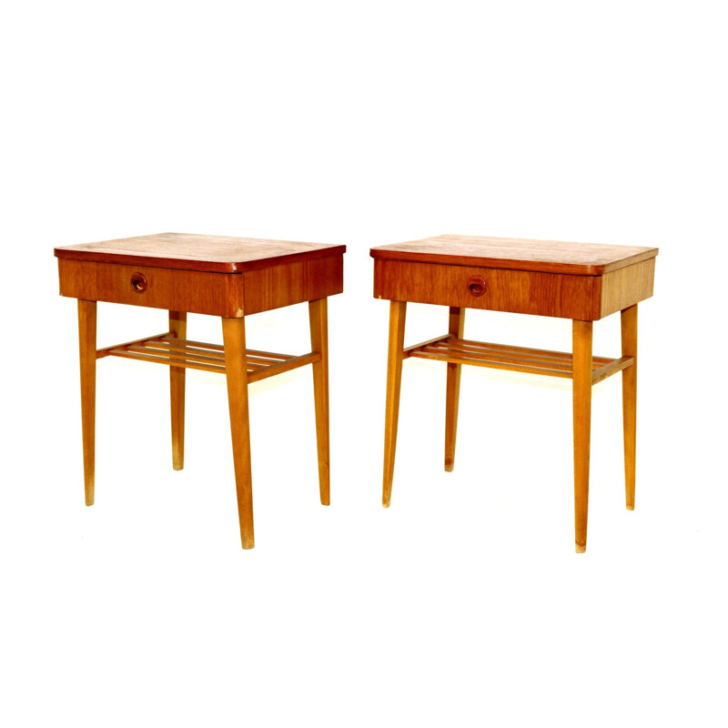 Pair of vintage teak and beech bedside tables, Sweden, 1960