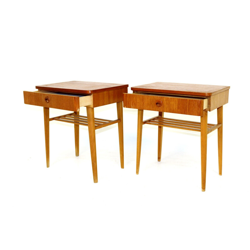 Pair of vintage teak and beech bedside tables, Sweden, 1960