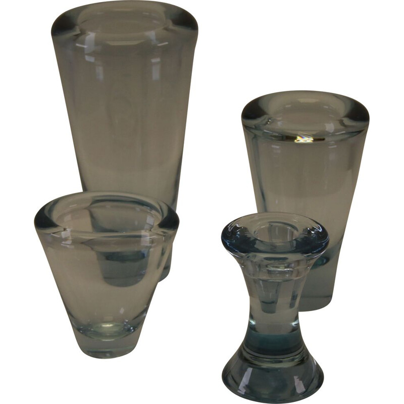 Ensemble de 3 vases vintage sculpturaux Holmegaard en cristal et 1 chandelier de Per Lutken 1950