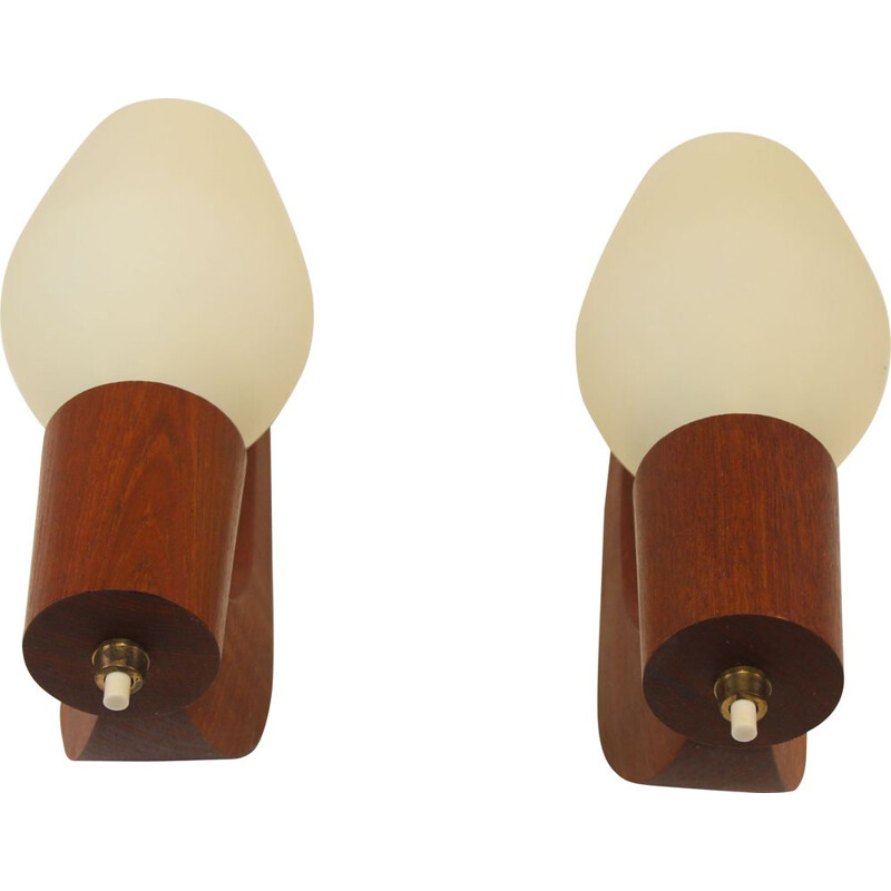 Pair of Vintage teak, brass, and opal glass Wall Lamps Danish  1960 