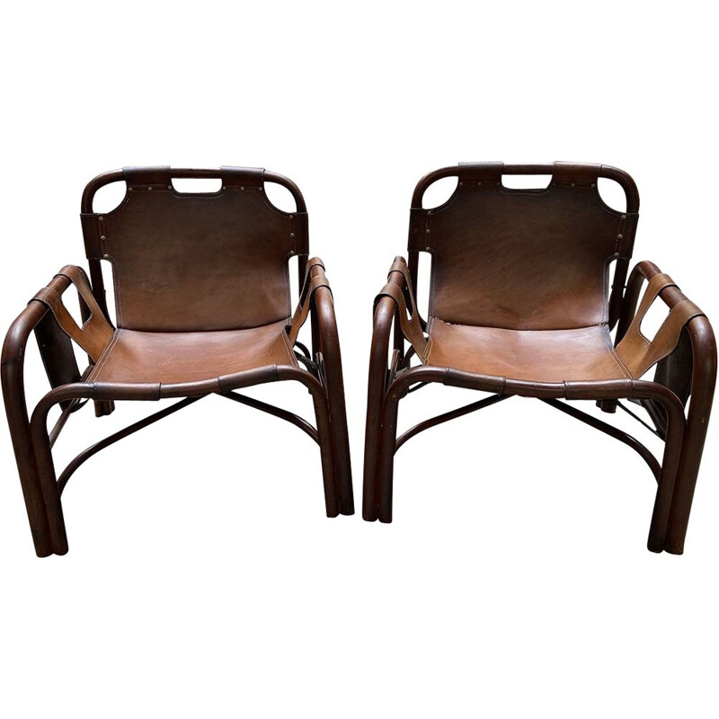 Paire de fauteuils vintage cuir et bambou 1960
