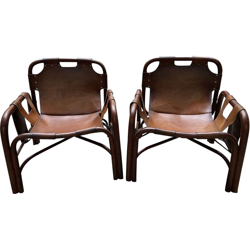 Pareja de sillones vintage de cuero y bambú 1960