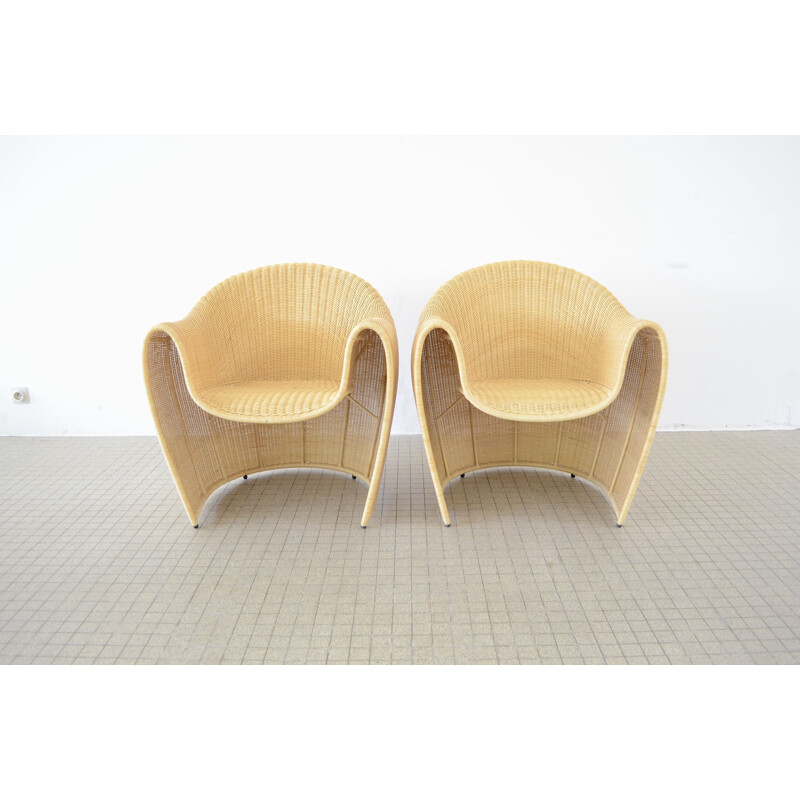 Pair of Vintage Driade King Tubby rattan armchairs by Miki Astori 1995