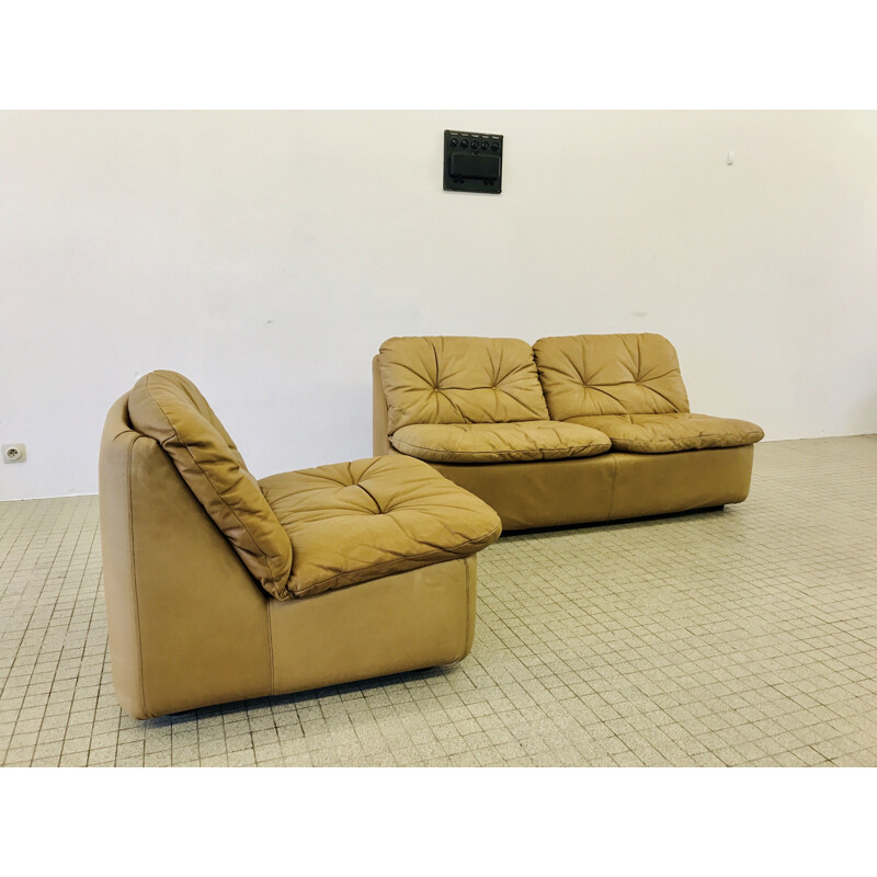 Pair of Vintage Cord reipunkt sofa set in cognac leather 1960s