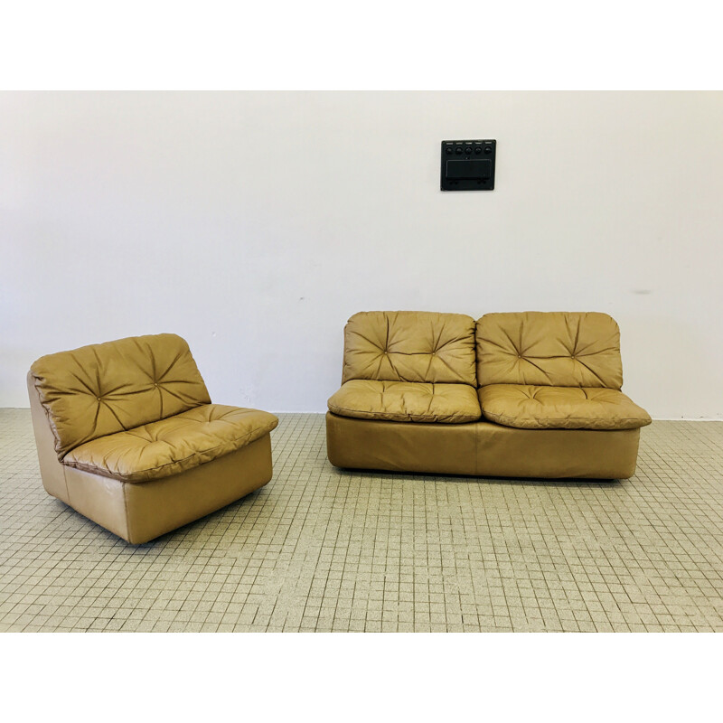 Pair of Vintage Cord reipunkt sofa set in cognac leather 1960s