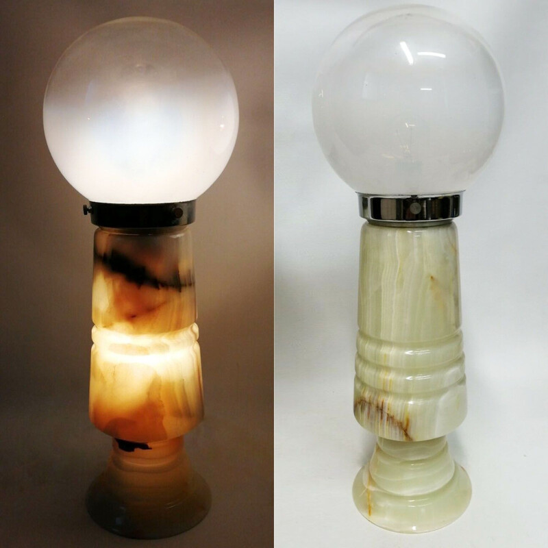 Grande paire de lampes vintage en onyx taillé et verre 1960