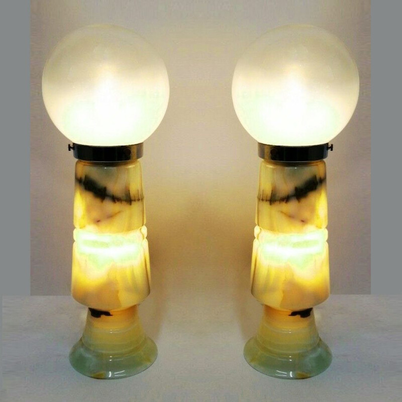 Grande paire de lampes vintage en onyx taillé et verre 1960