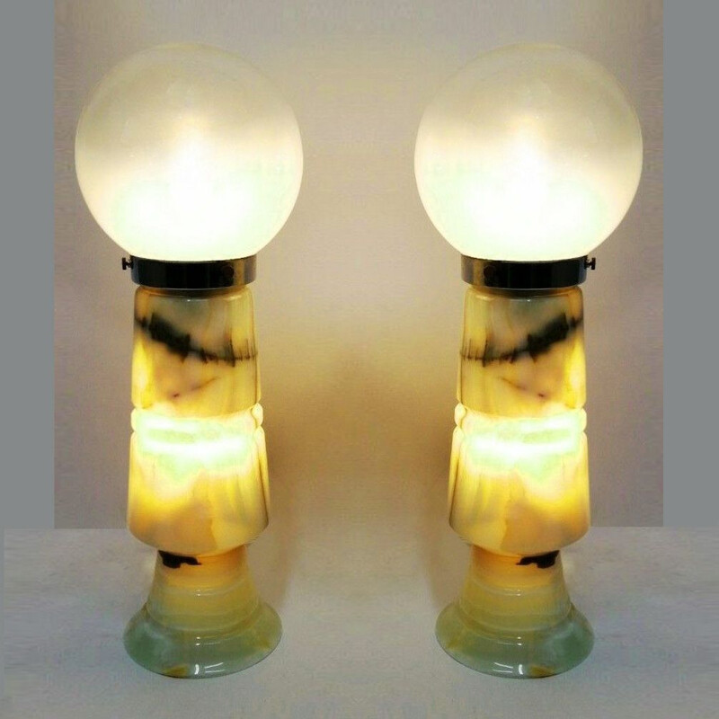 Large pair of vintage cut onyx and glass 1960s lamps