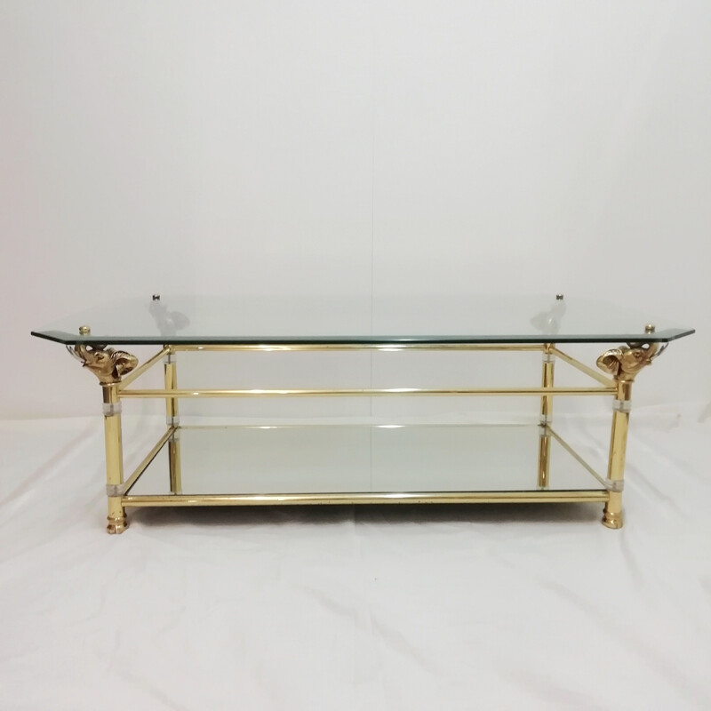 Vintage brass and glass table with elephant heads for Maison Charles, 1970