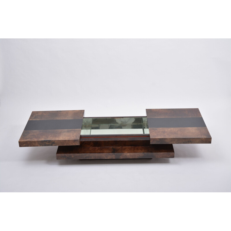 Vintage 2-tiered sliding coffee table Brown with hidden bar by Aldo Tura  Italian 1970