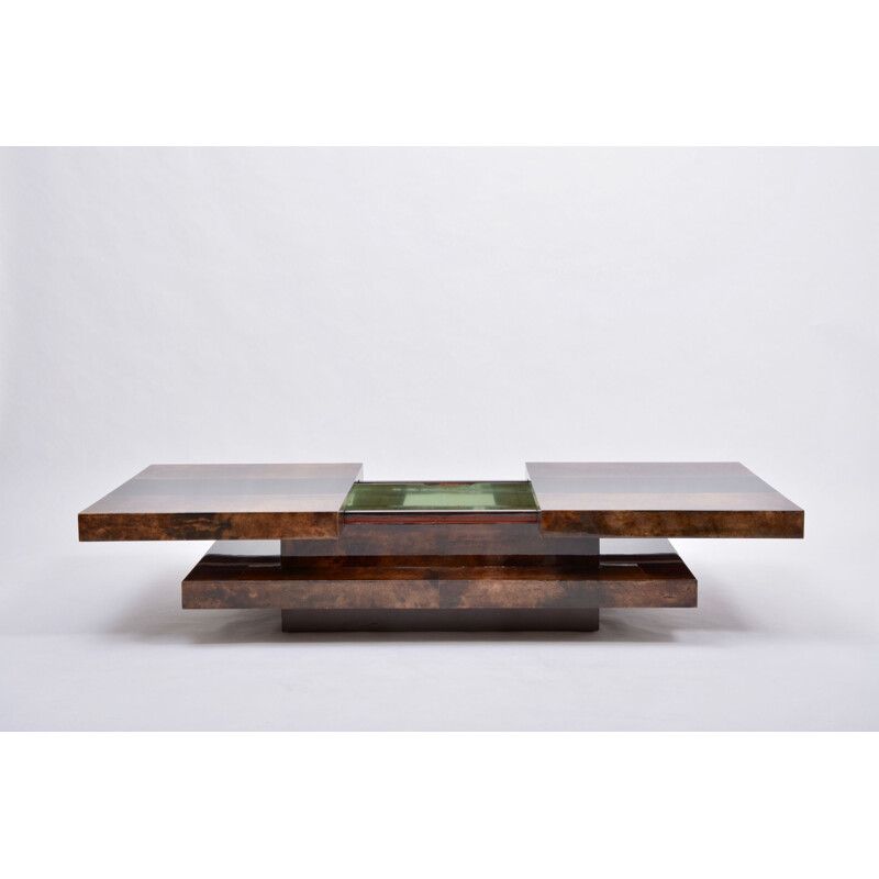 Vintage 2-tiered sliding coffee table Brown with hidden bar by Aldo Tura  Italian 1970