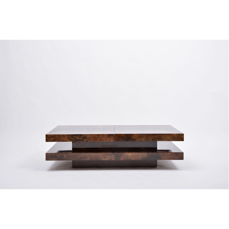 Vintage 2-tiered sliding coffee table Brown with hidden bar by Aldo Tura  Italian 1970