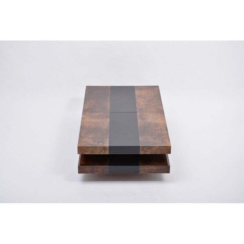 Vintage 2-tiered sliding coffee table Brown with hidden bar by Aldo Tura  Italian 1970