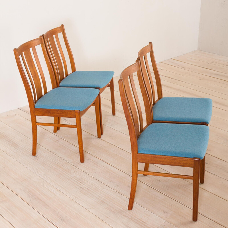 Set of 4 Danish mid-century teak chairs in new blue upholstery