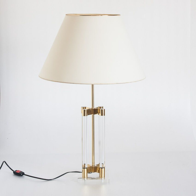 Lampe de table vintage méthacrylate et metal doré, Espagne 1980