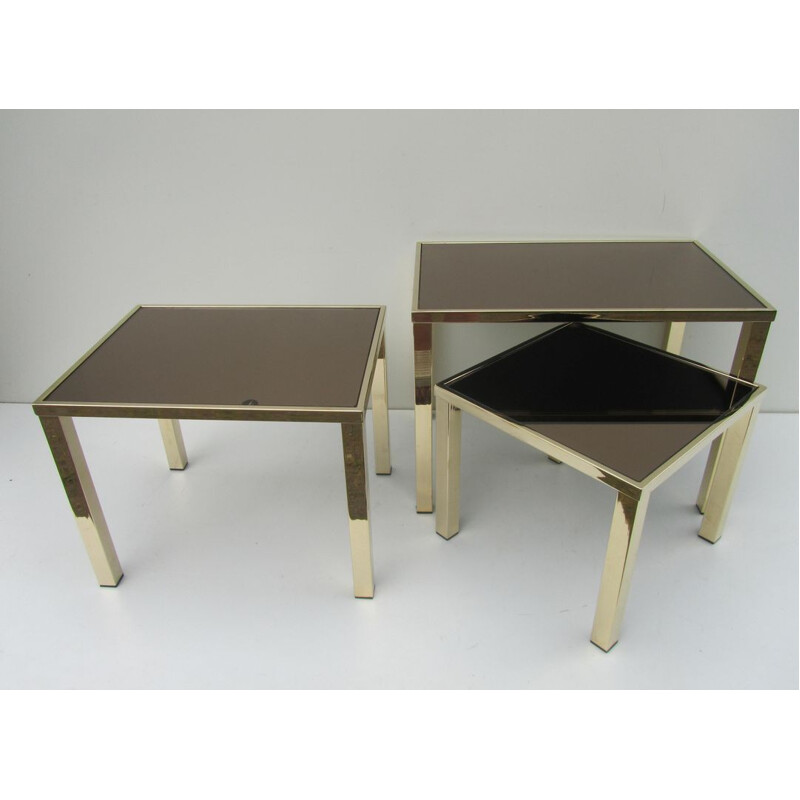 Set of 3 golden mirrored Belgochrom nesting tables - 1970s