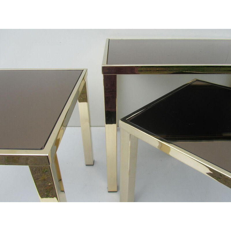 Set of 3 golden mirrored Belgochrom nesting tables - 1970s