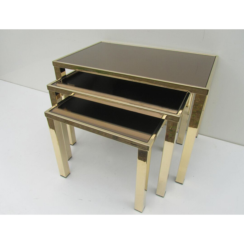 Set of 3 golden mirrored Belgochrom nesting tables - 1970s
