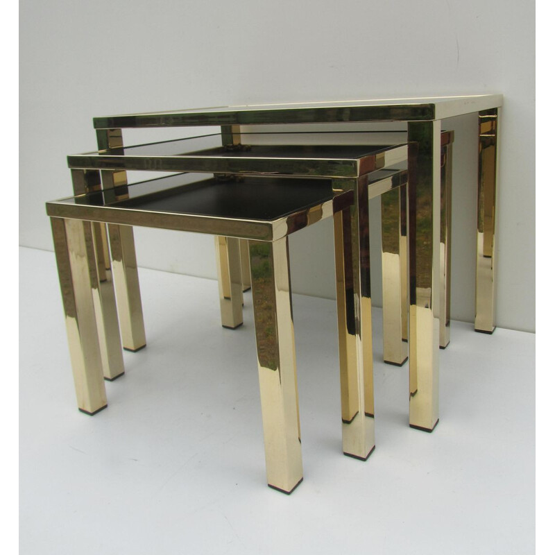 Set of 3 golden mirrored Belgochrom nesting tables - 1970s