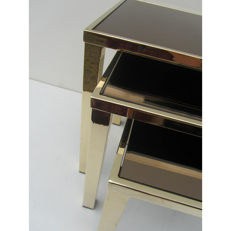 Set of 3 golden mirrored Belgochrom nesting tables - 1970s