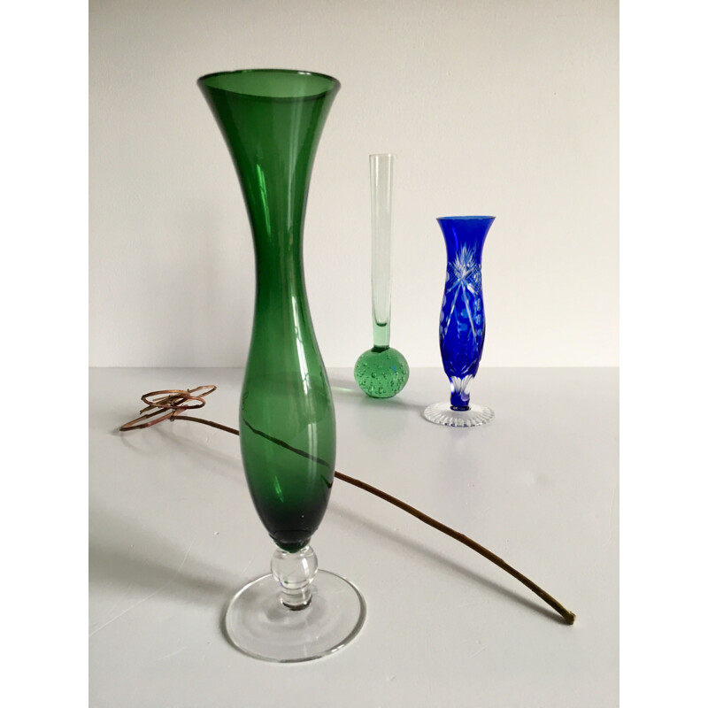 Trio of colorful vintage vases in glass and chiselled crystal