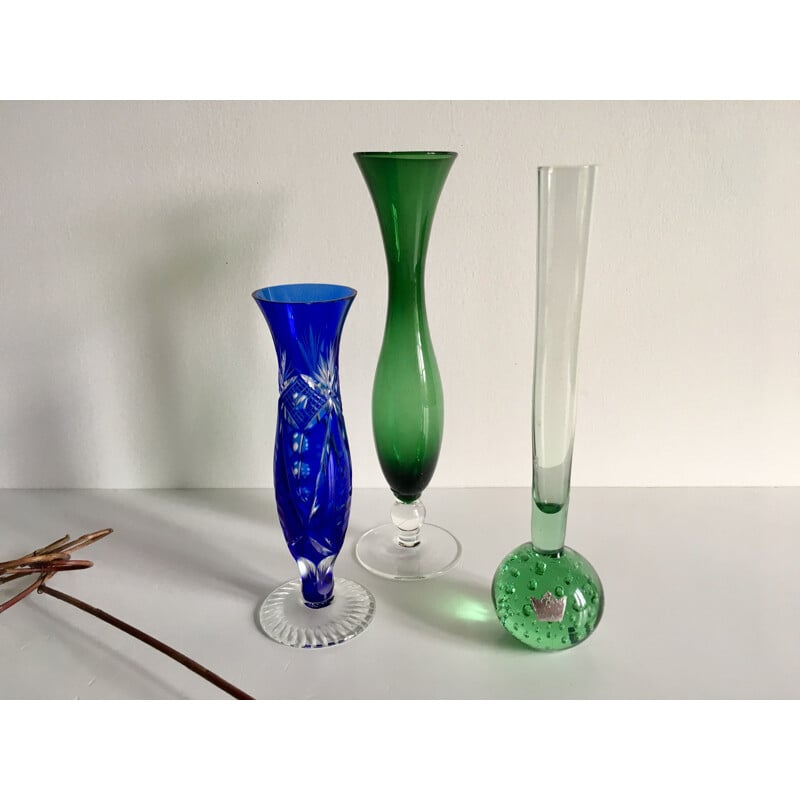 Trio of colorful vintage vases in glass and chiselled crystal
