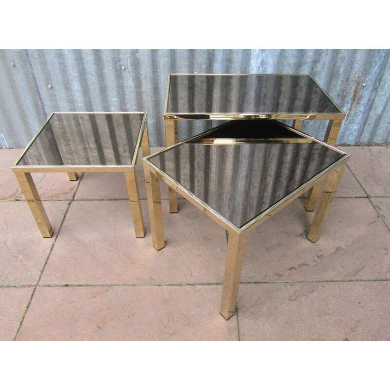 Set of 3 golden mirrored Belgochrom nesting tables - 1970s