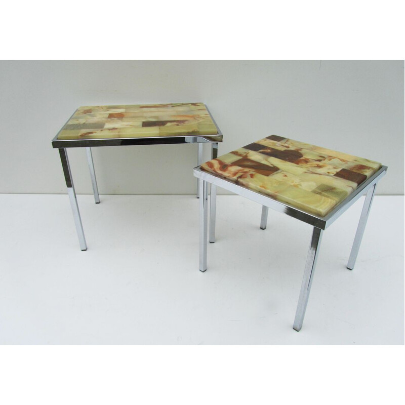 Suite de 2 tables gigognes en chrome et marbre - 1960