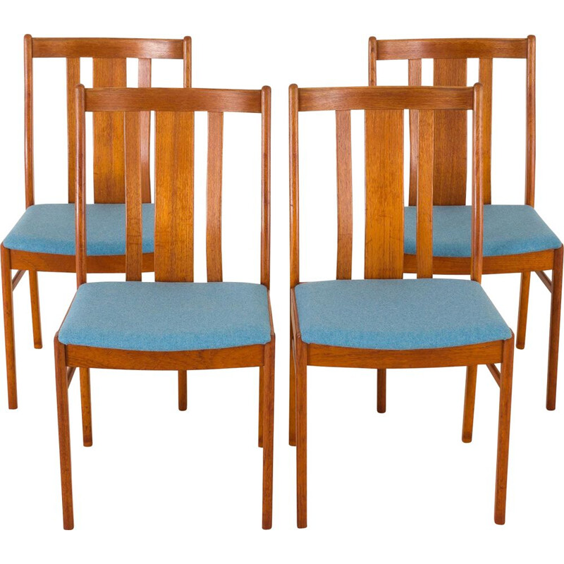 Set of 4 Danish mid-century teak chairs in new blue upholstery