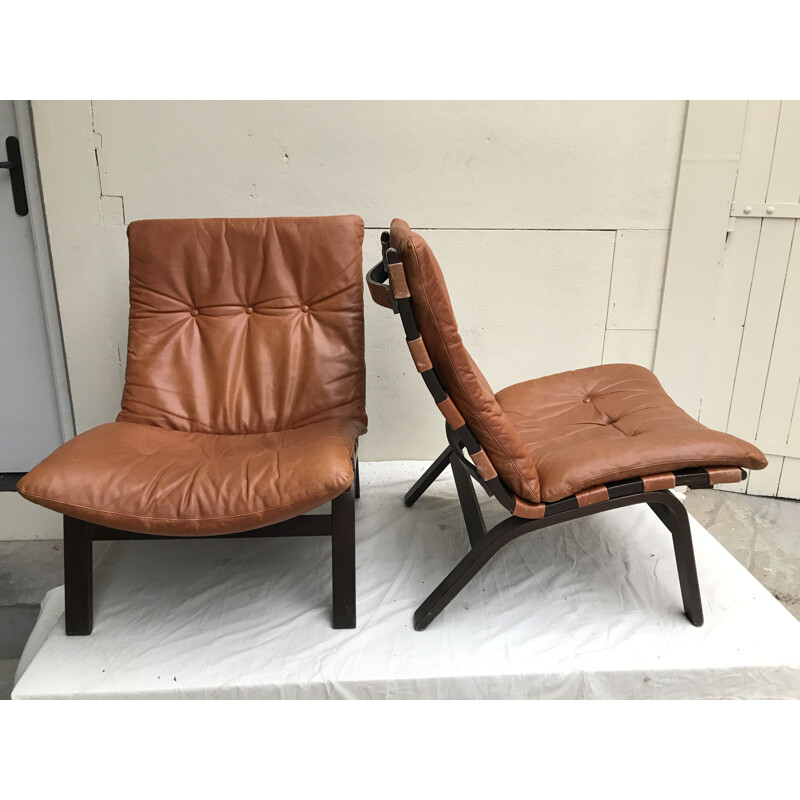 Pair of vintage scandinavian armchairs leather cognac 1960