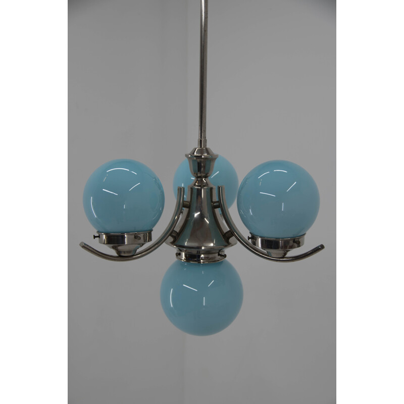 Vintage Chrome-Plated Art Deco Chandelier with Blue Shades, 1930s