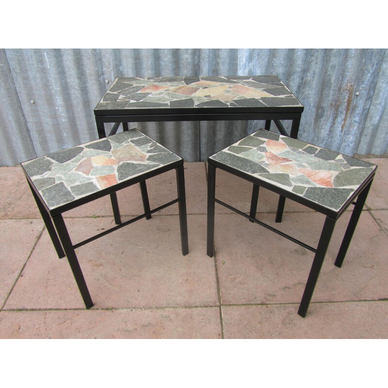 Set of 3 brutalist nesting tables in stone - 1960s